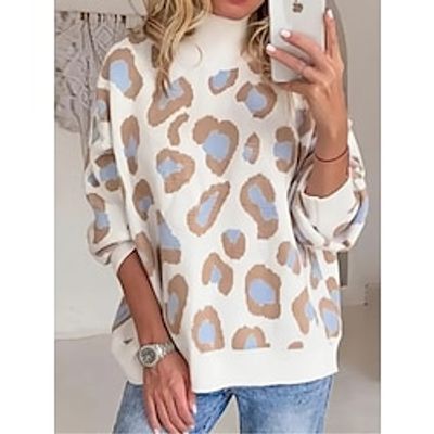 Women's Pullover Sweater Jumper Crew Neck Ribbed Knit Wool Patchwork Fall Winter Regular Outdoor Daily Going out Stylish Casual Soft Long Sleeve Leopard Red Blue Green S M L Lightinthebox