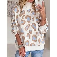 Women's Pullover Sweater Jumper Crew Neck Ribbed Knit Wool Patchwork Fall Winter Regular Outdoor Daily Going out Stylish Casual Soft Long Sleeve Leopard Red Blue Green S M L Lightinthebox - thumbnail