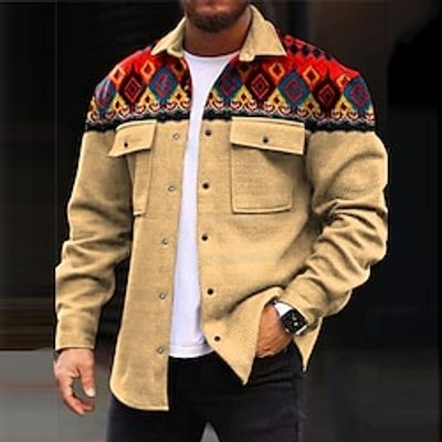 Tribal Geometry Bandana Print Vintage Casual Tribal Men's Shirt Shirt Jacket Shacket Outdoor Street Casual Daily Fall  Winter Turndown Long Sleeve Brown khaki S M L Shirt Lightinthebox