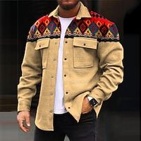 Tribal Geometry Bandana Print Vintage Casual Tribal Men's Shirt Shirt Jacket Shacket Outdoor Street Casual Daily Fall  Winter Turndown Long Sleeve Brown khaki S M L Shirt Lightinthebox - thumbnail