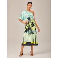 Beach Vibes Asymmetrical Maxi Dress with Coconut Palm Print