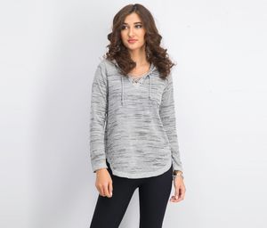 Womens Petite Lace-Up Knit Hoodie  Light Grey Heather