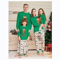 Family Christmas Pajamas Graphic Cartoon Letter Home Print Green Long Sleeve Mommy And Me Outfits Active Matching Outfits miniinthebox - thumbnail