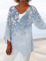 Vintage Floral Print V Neck Long Sleeves Blouse