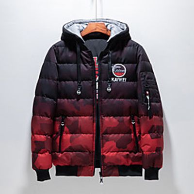 Men's Parka Daily Fall Winter Regular Coat V Neck Regular Fit Windproof Rain Waterproof Warm Casual Jacket Long Sleeve Color Gradient Camo  Camouflage Quilted Print Blue Gray Red Lightinthebox