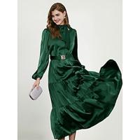 Green Elegant Party/Wedding Guest Ruffle Belted Tied Neck Long Sleeve Maxi Dressdress to impress 2024