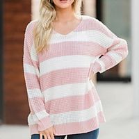 Women's Casual  Daily Knitted Striped Sweater Acrylic Fibers Long Sleeve Sweater Cardigans Crew Neck Fall Winter Blue Blushing Pink Orange Lightinthebox - thumbnail