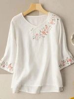 Round Neck Casual Loose Embroidered Sunscreen Blouse