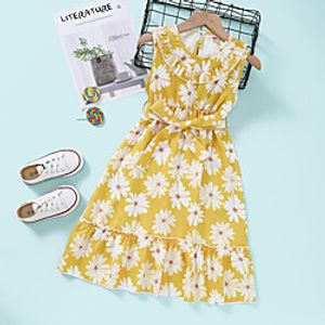 Kids Toddler Little Girls' Dress Daisy Flower Sundress Print Yellow Knee-length Sleeveless Active Dresses Summer Regular Fit 2-8 Years miniinthebox