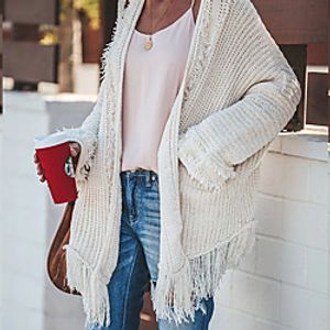 Women's Cardigan Sweater Tassel Knitted Front Pocket Solid Color Stylish Basic Casual Long Sleeve Sweater Cardigans Crew Neck Fall Winter White Lightinthebox