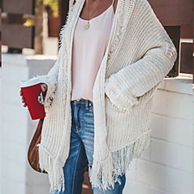 Women's Cardigan Sweater Tassel Knitted Front Pocket Solid Color Stylish Basic Casual Long Sleeve Sweater Cardigans Crew Neck Fall Winter White Lightinthebox