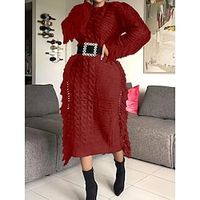 Women's Sweater Dress Crew Neck Ribbed Knit Acrylic Tassel Knitted Fall Winter Long Outdoor Daily Going out Stylish Casual Soft Long Sleeve Pure Color Black White Wine S M L miniinthebox - thumbnail