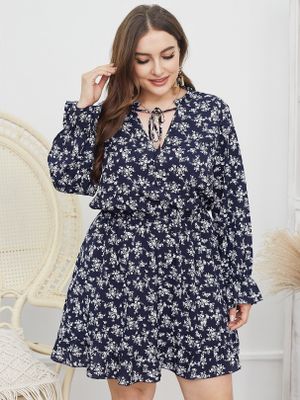 Plus Size V-neck Calico Tie-up Design Long Sleeves Mini Dress Plus Size V-neck Calico Tie-up Design Long Sleeves Mini Dress