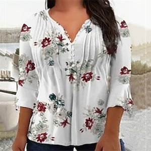 Women's Plus Size Tops Blouse Shirt Floral Button Print 34 Length Sleeve V Neck Casual Daily Vacation Cotton Spandex Jersey Fall Winter White Lightinthebox