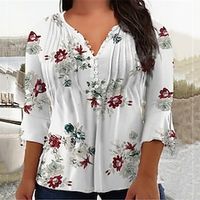 Women's Plus Size Tops Blouse Shirt Floral Button Print 34 Length Sleeve V Neck Casual Daily Vacation Cotton Spandex Jersey Fall Winter White Lightinthebox - thumbnail