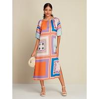 Satin Rainbow Geometric 3/4 Length Sleeve Midi Dress