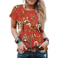Women's T shirt Tee Red Brown Portrait Print Short Sleeve Daily Weekend Basic Round Neck Regular Portrait Painting S Lightinthebox