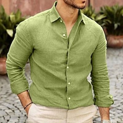 Men's Shirt Linen Shirt Button Up Shirt Casual Shirt Black Pink Army Green Long Sleeve Plain Lapel Spring   Fall Casual Daily Clothing Apparel miniinthebox