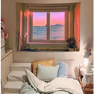 net red ins warm sunset sea view window background simple modern bedroom dress hanging cloth wall decoration tapestry miniinthebox