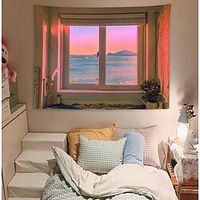 net red ins warm sunset sea view window background simple modern bedroom dress hanging cloth wall decoration tapestry miniinthebox - thumbnail