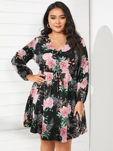 YOINS Plus Size V-neck Floral Print Tie-up Design Long Sleeves Mini Dress