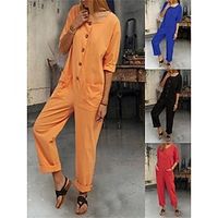 Women's Jumpsuit Button Pocket Solid Color Round Neck Streetwear Home Daily Slim Half Sleeve Black Red Blue S M L Fall Lightinthebox - thumbnail