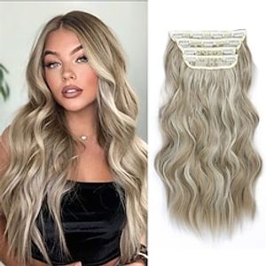 Clip in Hair Extensions Long Wavy Curly Ash Blonde to Platinum Blonde Hair Extensions Natural Soft Synthetic Hair Extension 4PCS Thick Double Weft Hairpieces Full Head For Women 20Inch miniinthebox