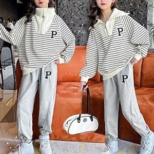 2 Pieces Kids Girls' Hoodie  Pants Clothing Set Outfit Letter Stripe Long Sleeve Cotton Set Vacation Fashion Casual Winter Fall 4-13 Years White miniinthebox