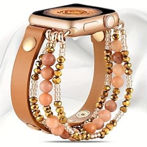 Smart Watch Band For Apple Watch 40mm 38mm 41mm Women, Elastic Beaded Leather Strap For Iwatch SE Series Ultra 8 7 6 5 4 3 2 1(Brown/Gold,38mm/40/41mm) miniinthebox