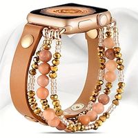 Smart Watch Band For Apple Watch 40mm 38mm 41mm Women, Elastic Beaded Leather Strap For Iwatch SE Series Ultra 8 7 6 5 4 3 2 1(Brown/Gold,38mm/40/41mm) miniinthebox - thumbnail