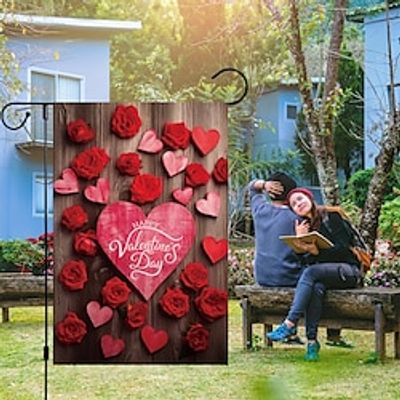 Valentine's Day Garden Flag 12x18Inch Outdoor Decorations Welcome Garden Patio Flag Heart Roses Couple Yard Flag Double Sided Holiday Outdoor Flags 1pc Lightinthebox