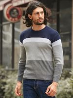 Men Casual Color Block Round Neck Long Sleeve Sweater - thumbnail