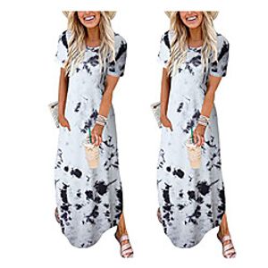 Women's A Line Dress Maxi long Dress Black And White Blue Light Grey Brown Short Sleeve Pattern Summer Casual 2021 S M L XL XXL Lightinthebox