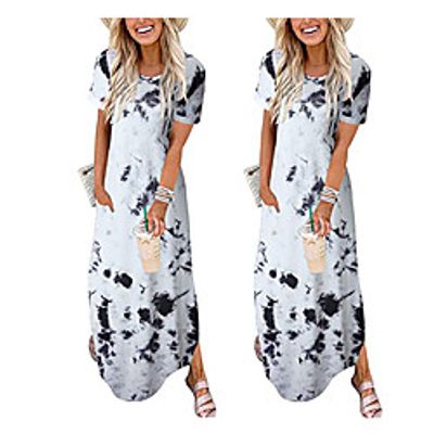 Women's A Line Dress Maxi long Dress Black And White Blue Light Grey Brown Short Sleeve Pattern Summer Casual 2021 S M L XL XXL Lightinthebox