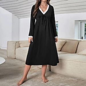 Women's Casual Dress Night Dress Midi Dress Daily Casual Lace Plain V Neck Home Lounge Black 2023 Spring Fall S M L XL Lightinthebox