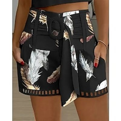 Women's Shorts Linen Cotton Blend Floral Feather Side Pockets Short Casual Daily Going out Weekend Black White S M Summer Lightinthebox