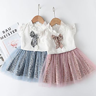 Kids Toddler Girls' Shirt  Skirt Clothing Set 2 Pieces Sleeveless Blue Pink Floral Mesh Flying Sleeve Bow Active Preppy Style Regular 3-8 Years Lightinthebox