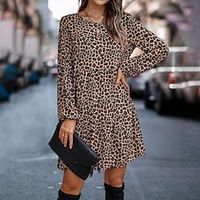 Women's A Line Dress Mini Dress Leopard Long Sleeve Leopard Print Winter Fall Autumn Round Neck Casual Winter Dress Weekend Fall Dress Loose Fit 2023 S M L XL miniinthebox - thumbnail