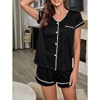 Women's Loungewear Sets Pure Color Simple Comfort Soft Street Vacation Going out Polyester Breathable V Wire Short Sleeve Shorts Elastic Waist Spring Summer Black Lightinthebox - thumbnail