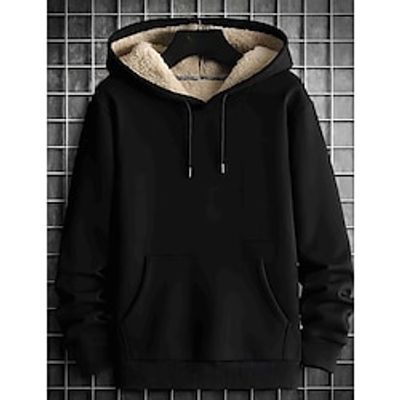 Men's Hoodie Sherpa Linend Black Hooded Plain Pocket Sports  Outdoor Daily Holiday Streetwear Cool Casual Fall  Winter Clothing Apparel Hoodies Sweatshirts  miniinthebox