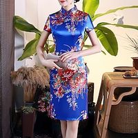 Women's Bodycon Sheath Dress Cheongsam Dress Midi Dress Black Blue Red Short Sleeve Floral Split Spring Summer Stand Collar Chinoiserie Weekend 2022 S M L XL XXL 3XL 4XL 5XL 6XL Lightinthebox - thumbnail