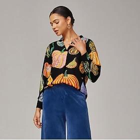 Women's Black Pumpkin Print Pullover Shirt Loose Fit Drop Shoulder Stand Collar Inverted Pleat Elegant Stylish Daily Work Casual Fall