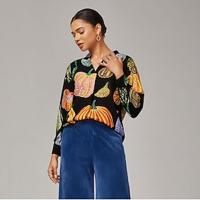 Women's Black Pumpkin Print Pullover Shirt Loose Fit Drop Shoulder Stand Collar Inverted Pleat Elegant Stylish Daily Work Casual Fall