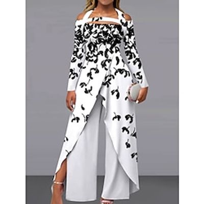 Women's Jumpsuit Split High Waist Floral Cold Shoulder Streetwear Office Work Regular Fit Long Sleeve Black White Gray S M L Fall Lightinthebox