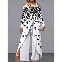 Women's Jumpsuit Split High Waist Floral Cold Shoulder Streetwear Office Work Regular Fit Long Sleeve Black White Gray S M L Fall Lightinthebox - thumbnail