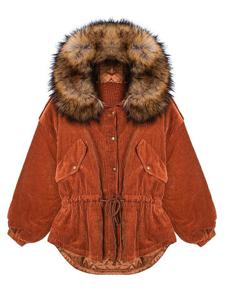 Corduroy Fur Collar Hooded Coat