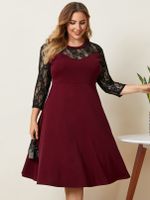 Plus Size Crew Neck Lace 3/4 Length Sleeves Midi Dress - thumbnail