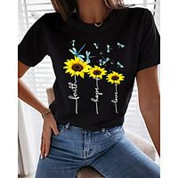 Women's T shirt Graphic Floral Print Round Neck Tops 100% Cotton Basic Basic Top White Black miniinthebox - thumbnail