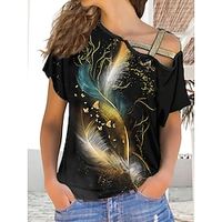 Women's T shirt Tee Feather Black Red Print Short Sleeve Daily Weekend Fashion One Shoulder Regular Fit Spring  Summer Lightinthebox - thumbnail