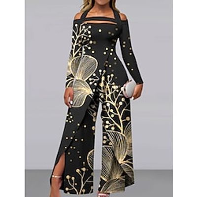 Women's Jumpsuit Print Floral Off Shoulder Elegant Party Holiday Wide Leg Regular Fit Long Sleeve Black Light Green Green S M L All Seasons Lightinthebox